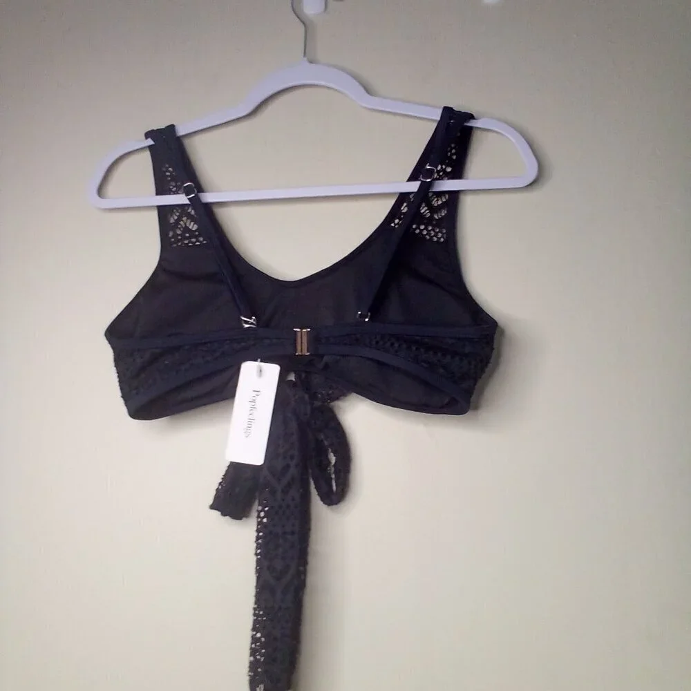 Popfeelings Bikini Top Women M Swim Crochet Bow Padded Cups Black